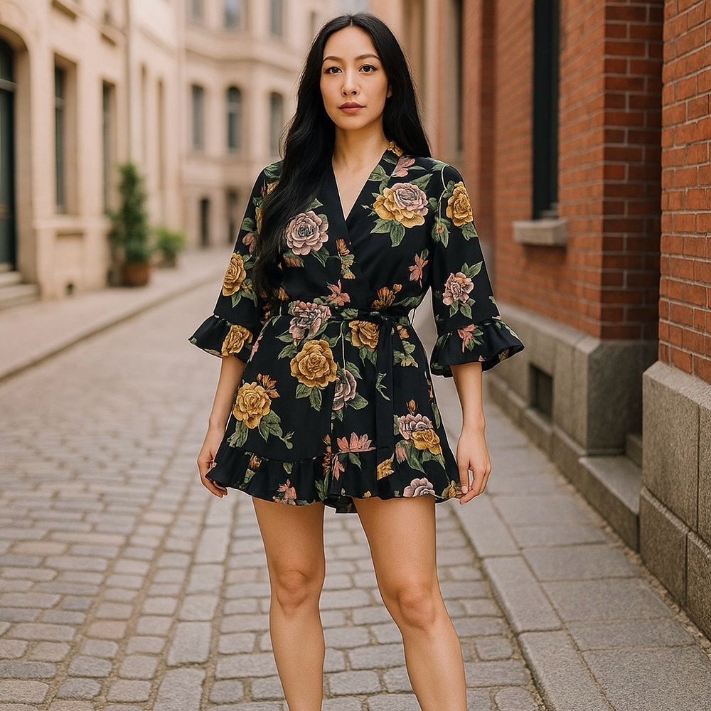Boohoo Ruffle V-Neck‎ Black with Floral Print 1/2 Sleeves Wrap Style Romper